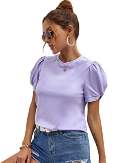 Women's Summer Short Puff Sleeve Tee Top Round Neck T-Shirt