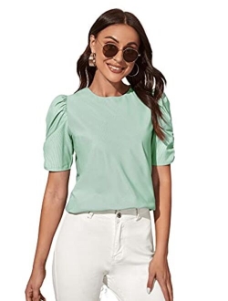 Women's Summer Short Puff Sleeve Tee Top Round Neck T-Shirt