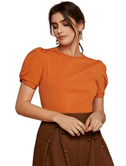 Women's Summer Short Puff Sleeve Tee Top Round Neck T-Shirt