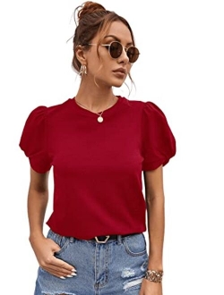 Women's Summer Short Puff Sleeve Tee Top Round Neck T-Shirt