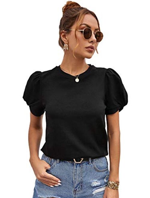 SweatyRocks Women's Summer Short Puff Sleeve Tee Top Round Neck T-Shirt