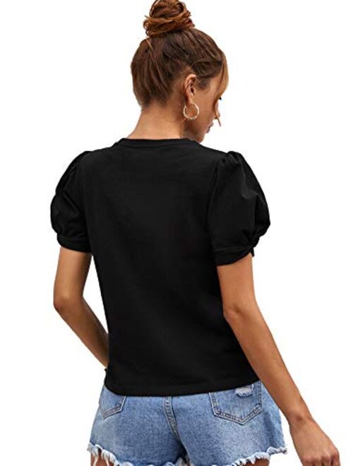 SweatyRocks Women's Summer Short Puff Sleeve Tee Top Round Neck T-Shirt