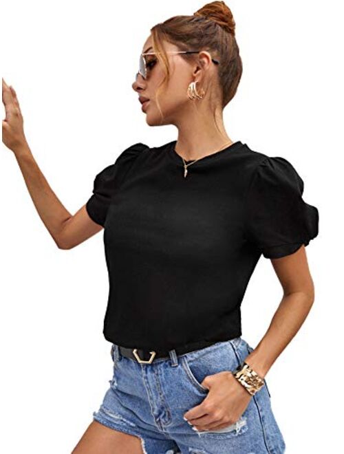 SweatyRocks Women's Summer Short Puff Sleeve Tee Top Round Neck T-Shirt