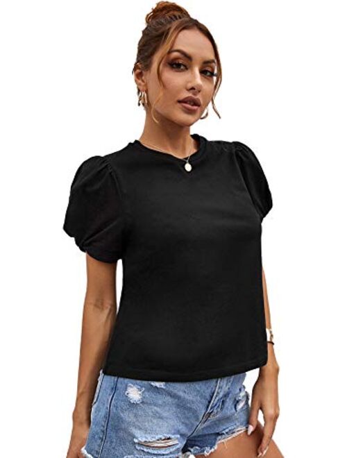 SweatyRocks Women's Summer Short Puff Sleeve Tee Top Round Neck T-Shirt