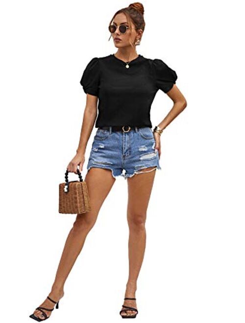 SweatyRocks Women's Summer Short Puff Sleeve Tee Top Round Neck T-Shirt