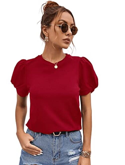 SweatyRocks Women's Summer Short Puff Sleeve Tee Top Round Neck T-Shirt