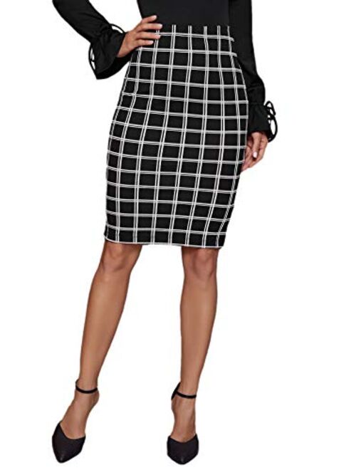 SweatyRocks Women's Casual High Waist Plaid Bodycon Pencil Skirt Knee Length Skirts