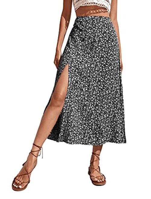 SweatyRocks Women's Ditsy Floral Print High Waist A Line Midi Skirts