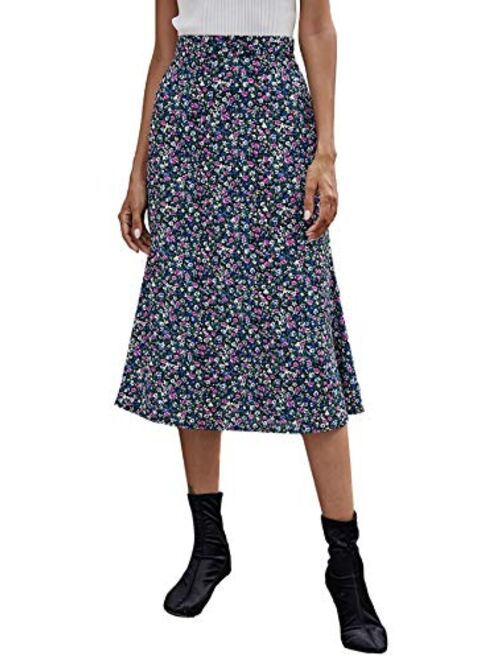 SweatyRocks Women's Ditsy Floral Print High Waist A Line Midi Skirts