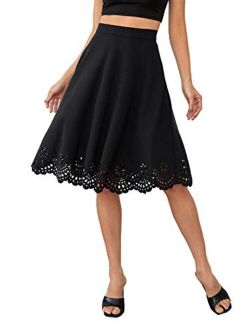 Women's High Waist Pleated Scallop Trim Flared A Line Midi Skirt