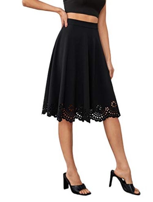 SweatyRocks Women's High Waist Pleated Scallop Trim Flared A Line Midi Skirt