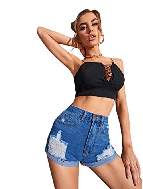 SweatyRocks Women's Mid Rise Jeans Shorts Folded Hem Pocket Denim Shorts