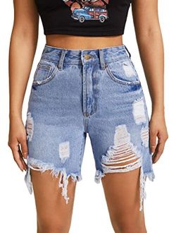 Women's High Rise Ripped Raw Hem Denim Jean Shorts with Pocket