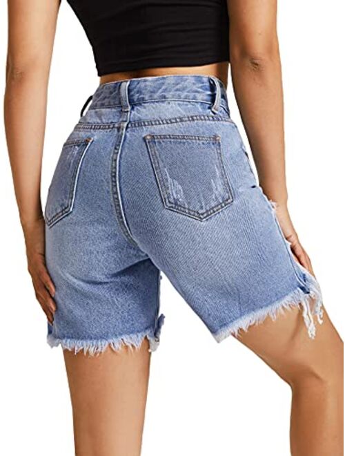 SweatyRocks Women's High Rise Ripped Raw Hem Denim Jean Shorts with Pocket