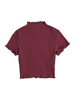 Women's Lettuce Trim Ribbed Knit Short Sleeve Crop Top T-Shirt