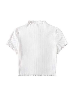 Women's Lettuce Trim Ribbed Knit Short Sleeve Crop Top T-Shirt