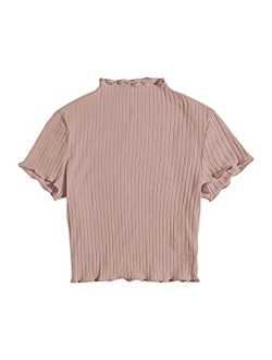 Women's Lettuce Trim Ribbed Knit Short Sleeve Crop Top T-Shirt