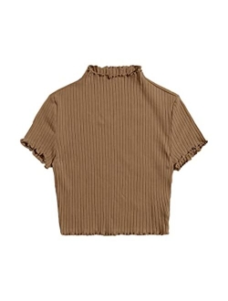 Women's Lettuce Trim Ribbed Knit Short Sleeve Crop Top T-Shirt