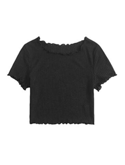 Women's Lettuce Trim Ribbed Knit Short Sleeve Crop Top T-Shirt