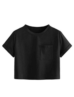 Women's Solid Roll Up Short Sleeve Casual Crop Tops T-Shirt Black S