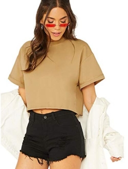 Women's Solid Roll Up Short Sleeve Casual Crop Tops T-Shirt Black S