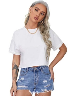 Women's Solid Roll Up Short Sleeve Casual Crop Tops T-Shirt Black S