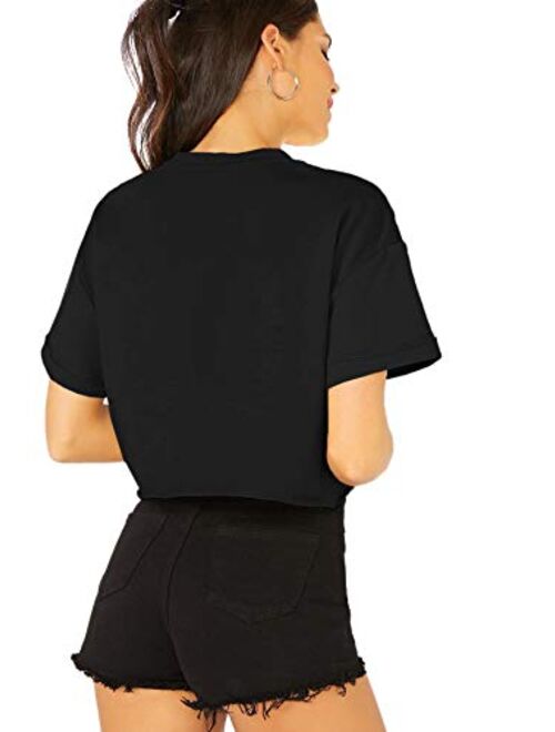 SweatyRocks Women's Solid Roll Up Short Sleeve Casual Crop Tops T-Shirt Black S