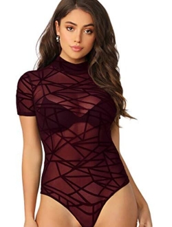 Women's Sexy Short Sleeve Sheer Mesh Bodysuit Jumpsuit Tops