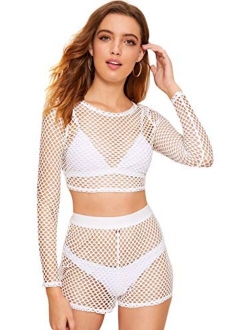 Women's Sexy 2 Pieces Fishnet Crop Top with Shorts Outfit Set