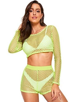 Women's Sexy 2 Pieces Fishnet Crop Top with Shorts Outfit Set