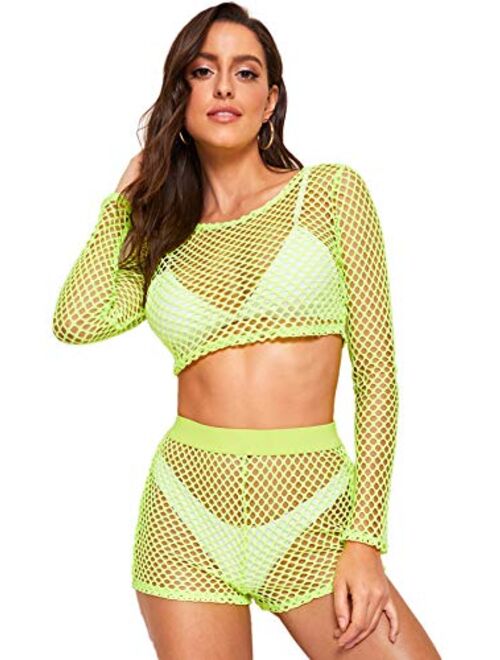 SweatyRocks Women's Sexy 2 Pieces Fishnet Crop Top with Shorts Outfit Set