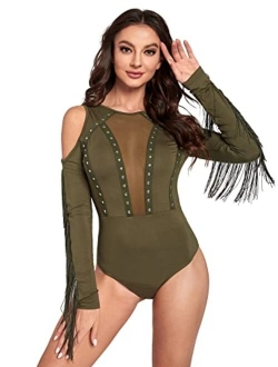 Women's Cold Shoulder Fringe Long Sleeve Sheer Mesh Jumpsuit Bodysuit