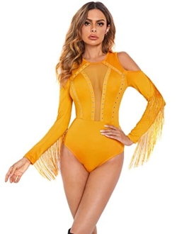 Women's Cold Shoulder Fringe Long Sleeve Sheer Mesh Jumpsuit Bodysuit