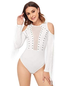 Women's Cold Shoulder Fringe Long Sleeve Sheer Mesh Jumpsuit Bodysuit