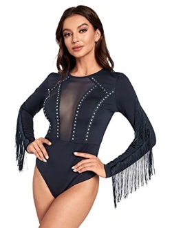 Women's Cold Shoulder Fringe Long Sleeve Sheer Mesh Jumpsuit Bodysuit