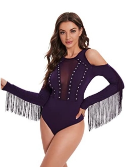 Women's Cold Shoulder Fringe Long Sleeve Sheer Mesh Jumpsuit Bodysuit