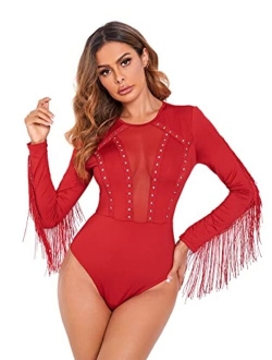 Women's Cold Shoulder Fringe Long Sleeve Sheer Mesh Jumpsuit Bodysuit