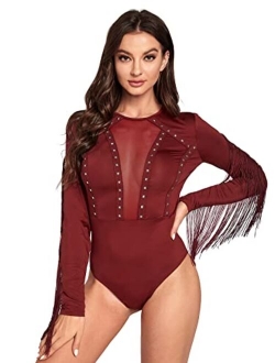 Women's Cold Shoulder Fringe Long Sleeve Sheer Mesh Jumpsuit Bodysuit