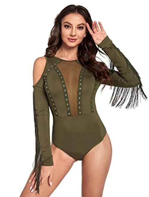 SweatyRocks Women's Cold Shoulder Fringe Long Sleeve Sheer Mesh Jumpsuit Bodysuit