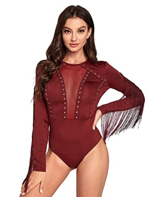 SweatyRocks Women's Cold Shoulder Fringe Long Sleeve Sheer Mesh Jumpsuit Bodysuit