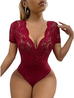 Women's Sexy Lace Deep V Neck Sheer Mesh Short Sleeve Bodysuit