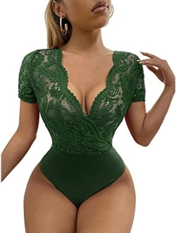 Women's Sexy Lace Deep V Neck Sheer Mesh Short Sleeve Bodysuit