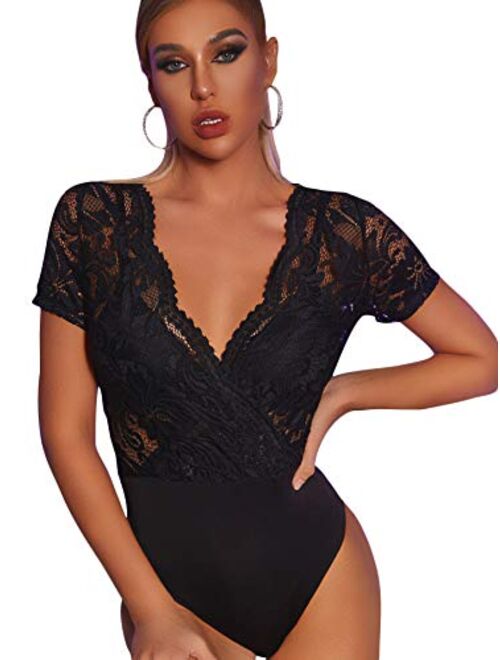 SweatyRocks Women's Sexy Lace Deep V Neck Sheer Mesh Short Sleeve Bodysuit