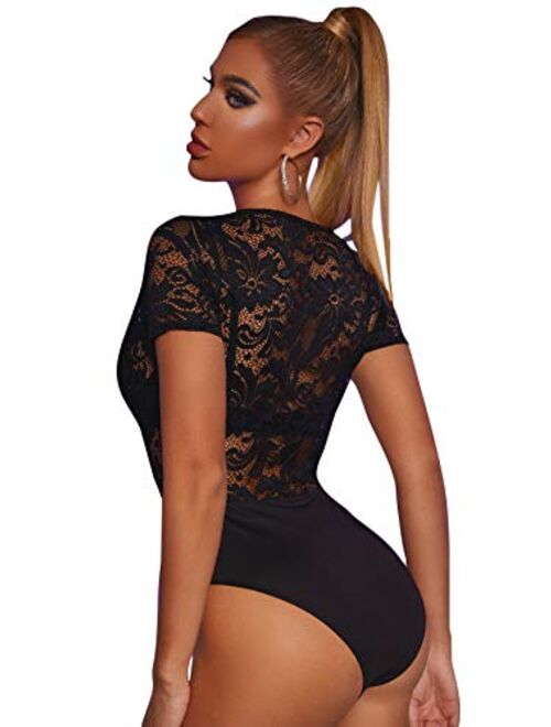 SweatyRocks Women's Sexy Lace Deep V Neck Sheer Mesh Short Sleeve Bodysuit