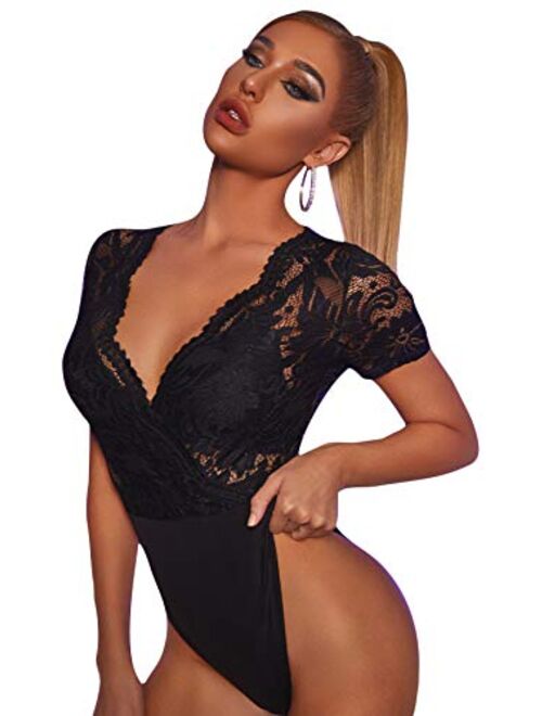 SweatyRocks Women's Sexy Lace Deep V Neck Sheer Mesh Short Sleeve Bodysuit