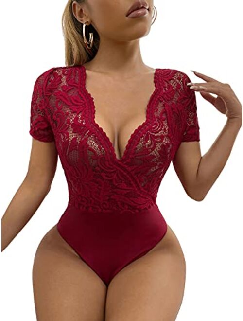 SweatyRocks Women's Sexy Lace Deep V Neck Sheer Mesh Short Sleeve Bodysuit