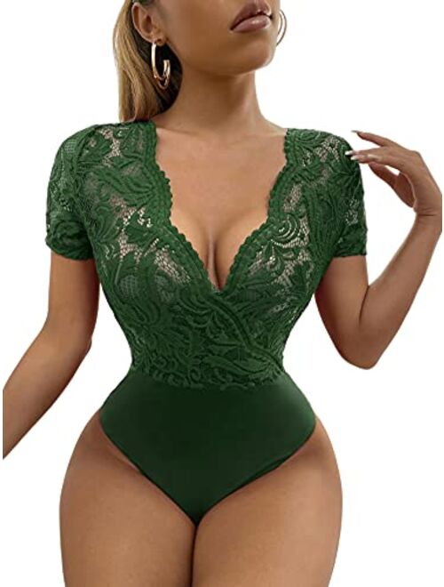 SweatyRocks Women's Sexy Lace Deep V Neck Sheer Mesh Short Sleeve Bodysuit