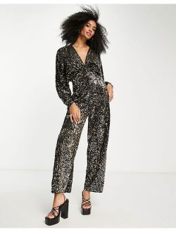 sequin plunge kimono sleeve jumpsuit in gold