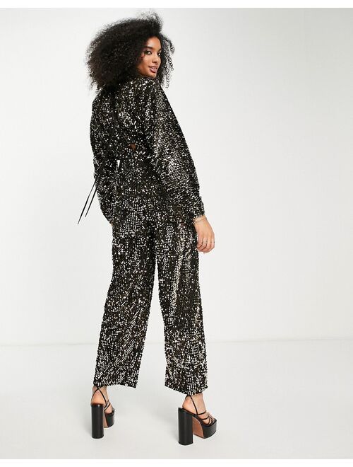 ASOS DESIGN sequin plunge kimono sleeve jumpsuit in gold