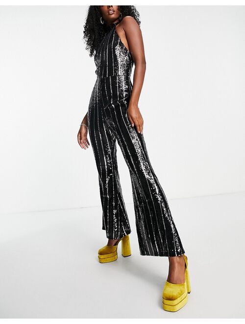 Topshop stripe sequin jumpsuit in black